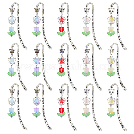 15 шт. 5-х цветные стеклянные тюльпаны-подвески-закладки AJEW-HS00009-1