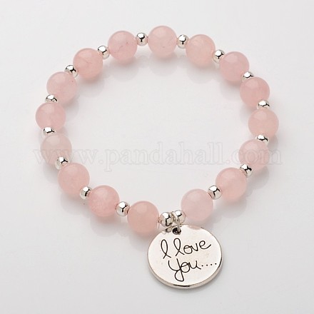 Flat Round with I Love You Natural Gemstone Beaded Charm Bracelets BJEW-JB01846-03-1
