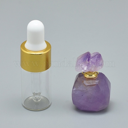天然アメジスト開閉式香水瓶ペンダント  真鍮のパーツとガラスのエッセンシャルオイルのボトル  30~36x18~20x9.5~16mm  穴：0.8mm  ガラス瓶容量：3ml（0.101液量オンス）  宝石の容量：1ml（0.03液量オンス） G-E556-01B-1
