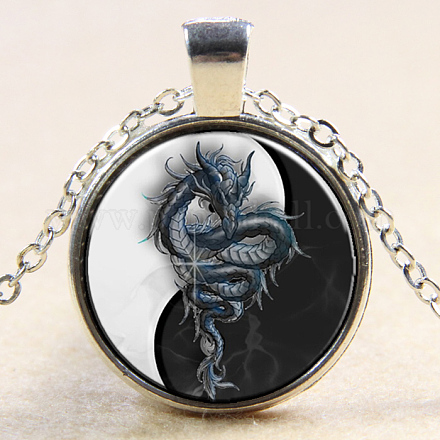 Feng Shui Yin Yang with Dragon Pattern Flat Round Glass Pendant Necklaces NJEW-N0051-010T-02-1