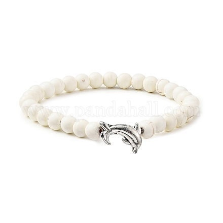 Delfino in lega di stile tibetano e braccialetto elasticizzato con perline rotonde turchesi sintetiche BJEW-JB09895-01-1