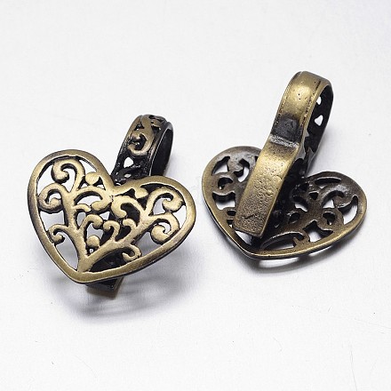 Filigree Heart Brushed Antique Bronze Brass Pendant Bails KK-L102-26AB-NF-1