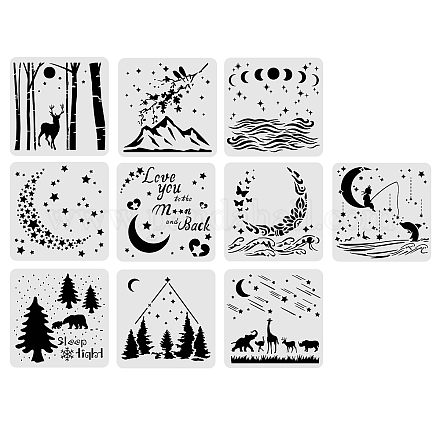 BENECREAT 9PCS 12x12 Inches Mixed Night Sky Moon Star Painting Stencil Set Animal Forest View Template Stencil for Art Craft Painting Scrabooking and Decoration DIY-WH0172-022-1