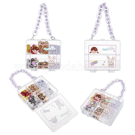 PH PandaHall 4pcs Organizer Box with Dividers 6 Grids Clear Bead Container Bag-Shaped Plastic Bead Case Storage Box with Purple Chains for Jewelry Beads Gems Nail Cabochons Small Items CON-PH0002-77-1