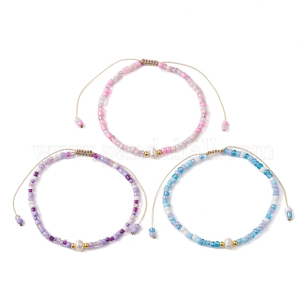 Set di 3 braccialetti con perline intrecciate di semi di vetro e perle naturali in 3 colori BJEW-JB09534-1
