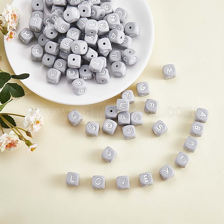 20 pièces gris cube lettre silicone perles 12x12x12mm dés carrés alphabet perles avec 2mm trou entretoise lâche lettre perles pour bracelet collier fabrication de bijoux JX436Q-1