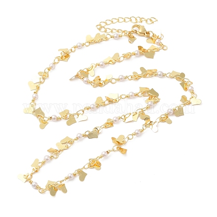 Brass Heart & ABS Plastic Imitation Pearl Beaded Link Chain Necklaces for Women NJEW-G100-03G-1