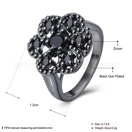 ファッション花真鍮キュービックジルコニア指輪  ブラック  ガンメタ色  usサイズ8（18.1mm） RJEW-BB20221-D-8-1