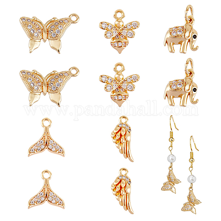 Superfindings 10 pz pendenti a farfalla in ottone con zirconi cubici 5 stili ciondoli animali elefante placcato oro 14k pendente pendente con anello per creazione di gioielli KK-FH0004-76-1