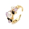 Brass Open Cuff Rings, with Amethyst, Pearl, Jewely for Women, Flower, Real 14K Gold Plated, Inner Diameter: 18mm