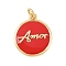 Brass Enamel Pendants, with Jump Ring, Flat Round with Word Amor Charms, Lead Free & Cadmium Free, Long-Lasting Plated, Real 18K Gold Plated, Rack Plating, Red, 16.5x14x1.5mm, Hole: 2.5mm