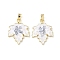 Brass Enamel Pendants, Leaf, with Glass, Real 18K Gold Plated, Gray, 23~23.5x18x4mm, Hole: 4.5x2.8mm