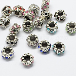 Alloy Rhinestone European Beads, Rondelle Large Hole Beads, Antique Silver, Mixed Color, 11x8mm, Hole: 6mm