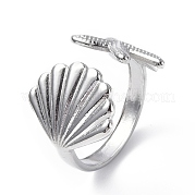 304 Stainless Steel Shell with Starfish Open Cuff Ring for Women RJEW-C046-03P