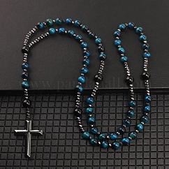 Collar con colgante de cruz de cadena larga con cuentas redondas de ojo de tigre azul natural teñido (teñido y calentado) para hombres