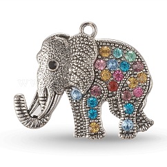 Strass lega di stile tibetano grandi ciondoli,  cadmio& piombo libero, elefante, argento antico, colorato, 43x51x5.5mm, Foro: 3.5 mm
