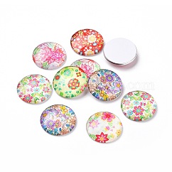 Cabochons de verre imprimées floraux de demi rond / dôme, couleur mixte, 25x7mm