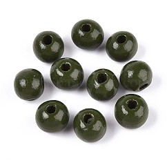 Cuentas redondas de madera de schima natural pintadas con aerosol, verde oliva oscuro, 8~8.5x6.8mm, agujero: 1.8~2 mm