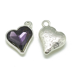 Pendentifs en verre d'alliage, facette, cœur, platine, violet, 17x15x5mm, Trou: 1.5mm