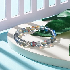 Эластичный круглый браслет из синтетического лунного камня с бусинами и стразами&nbsp;BJEW-JB07875