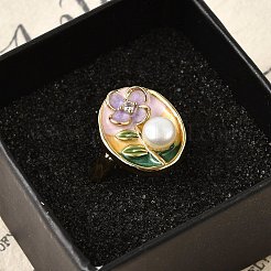 真鍮エナメルカフリング  天然淡水パールと  18KGP本金メッキ  花とオーバル  ライラック  内径：16mm&nbsp;RJEW-K291-03G-03