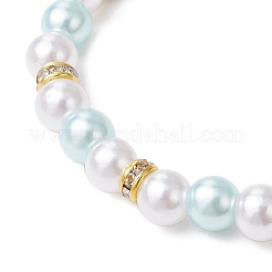 ABSプラスチック模造真珠ビーズとK9ガラスと真鍮グレードAラインストーンスペーサービーズと平らな弾性クリスタルストリングブレスレットを備えた合金ペンダント  ライトスカイブルー  内径：2-1/8インチ（5.3cm）&nbsp;BJEW-JB11778-02
