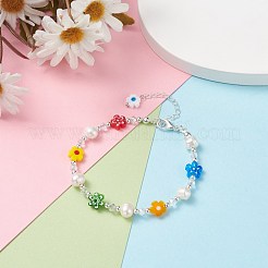 Bracciale fatto a mano con perline in vetro millefiori e perle naturali&nbsp;BJEW-TA00053