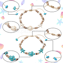 4шт 2 цвета океанская тематика морская звезда черепаха синтетическая бирюза и кокос плетеный браслет из бусин BJEW-PA0001-03
