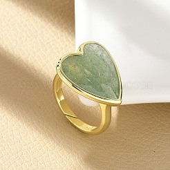 Anillos para los dedos con cuarzo fresa verde natural y corazón de latón&nbsp;RJEW-D304-01G-C