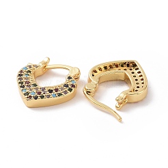 キュービックジルコニアのハートフープピアス  女性のための18KGP本金メッキ真鍮ジュエリー  カラフル  15x16x3mm  ピン：13.5x0.8~1.1mm&nbsp;EJEW-C008-11G-02