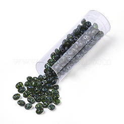 2つ穴シードビーズ  チェコガラスビーズ  透明なベーキングペイントスタイル  シーグリーン  5x3.5~3.8x2.5~2.8mm  穴：0.9mm  約10 G /ボトル&nbsp;SEED-R048-50720