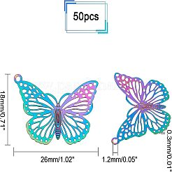 201 ステンレススチール製フィリグリーペンダント  エッチングされた金属装飾  蝶  虹色  18x26x0.3mm  穴：1.2mm  50個/箱&nbsp;STAS-UN0018-90M