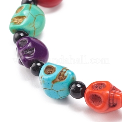 Natürlicher Mashan-Jade-Totenkopf und synthetisches türkisfarbenes (gefärbtes) Perlen-Stretch-Armband&nbsp;BJEW-JB08377-05