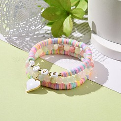 3 pièces 3 style naturel coloré vert jade & acrylique mot amour perlé bracelets extensibles sertis de breloques en alliage émail coeur&nbsp;BJEW-JB08924-01