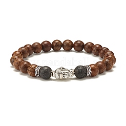 Braccialetti elastici in legno di ossidiana naturale e pietra lavica in stile 2 pezzi con charm di loto e testa di buddha&nbsp;BJEW-JB07615