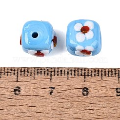 手作りのでこぼこランプワークビーズ  キューブと花  ライトスカイブルー  10.5~12x10.5~12x9.5~10.5mm  穴：1.4~1.6mm&nbsp;LAMP-N042-22A-06