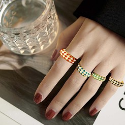 4 個 4 色チェッカーボード エナメル オープン カフ リング  女性のための金メッキ合金スタッカブルリング  ミックスカラー  usサイズ7 3/4(17.9mm)&nbsp;JR856A