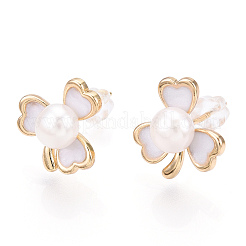 Серьги-гвоздики клевер с натуральным жемчугом и эмалью&nbsp;PEAR-N020-05O