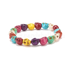 Эластичный браслет из синтетической бирюзы (окрашенный) с черепом и бисером BJEW-JB08056