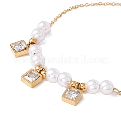 アクリルパール付きスクエアキュービックジルコニアチャームブレスレット  金メッキ304ステンレススチール製ジュエリー（女性用、イオンプレーティング（IP））  透明  6-3/4インチ（17cm）&nbsp;BJEW-F396-20G-01