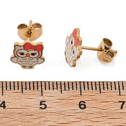 真鍮エナメルスタッドピアス  フクロウ  ゴールドカラー  ホワイト  10x9mm&nbsp;EJEW-B119-01G-02