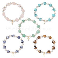 Эластичные браслеты из натуральных и синтетических драгоценных камней: сердца и жемчужные бусины в форме ракушек.&nbsp;BJEW-JB13413