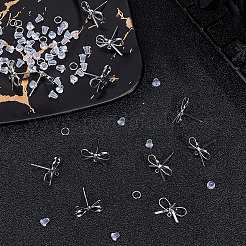 蝶結びの真鍮スタッドピアス、丸カン、イヤーナットのDIYジュエリー製作キット  プラチナメッキ  8x15mm  穴：1.2mm  ピン：0.7mm  12pc&nbsp;DIY-CN0003-24P