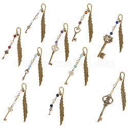 10 Stück 10-Stil-Lesezeichen aus Legierung im tibetischen Stil mit Edelsteinen, Feder mit Schlüssel, Antik Bronze, 182~245 mm, 1pc / style