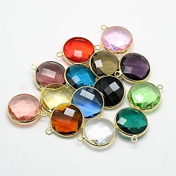 Golden Tone Brass Glass Pendants, Flat Round, Mixed Color, 18x15x5mm, Hole: 2mm