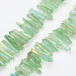 Fili di perline in bastoncino di quarzo naturale elettrolitico, tinto, striscia irregolare, verde chiaro, 11.5~32x2~6mm, Foro: 1 mm, circa 38~40pcs/filo, 7.8 pollice (200 mm)