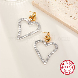 Two Tone Platinum & Golden 925 Sterling Silver Dangle Stud Earrings, with Cubic Zirconia, Heart, 54x36mm