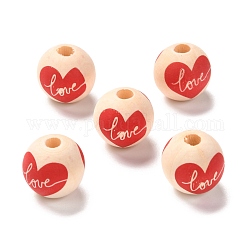 Perles européennes en bois imprimées, Perles avec un grand trou   , rond avec motif coeur et mot amour, amande blanchie, 16x15mm, Trou: 4mm