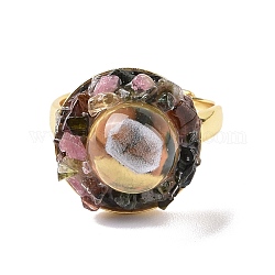 Плоское круглое регулируемое кольцо с натуральным турмалином и прозрачным стеклом, стеллаж для латунных украшений для женщин, без кадмия и без свинца, золотые, внутренний диаметр: 18~22.3 мм