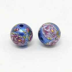 Flower Printed Spray Painted Acrylic Round Beads, Royal Blue, 14mm, Hole: 2mm
